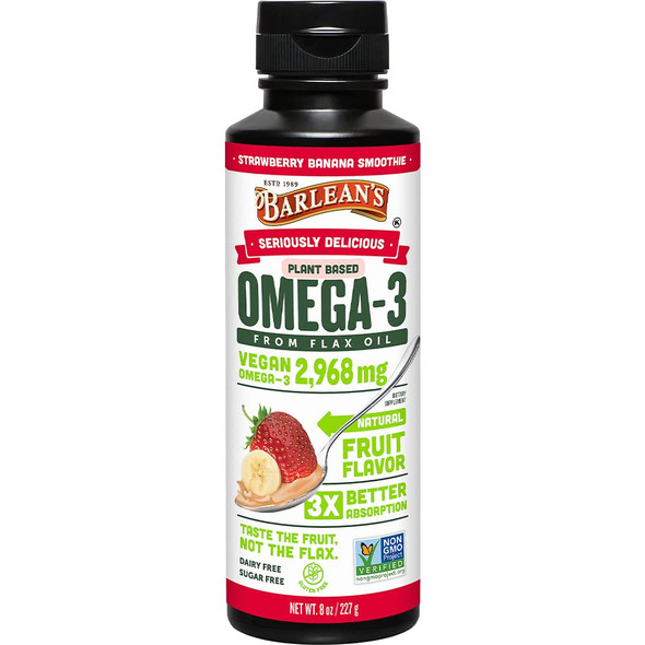 Barleans Organic Oils Seriously Delicious Strawberry Banana Smoothie from Flax Oil with 2968 mgs of Omega3 Vegan All Natural Fruit Flavor NonGMO Gluten Free  16Ounce Default