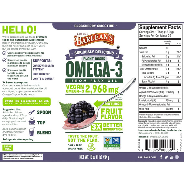 Barleans Seriously Delicious Blackberry Smoothie from Flax Oil with 2968 mgs of Omega3  Vegan AllNatural Fruit Flavor NonGMO Gluten Free  16Ounce