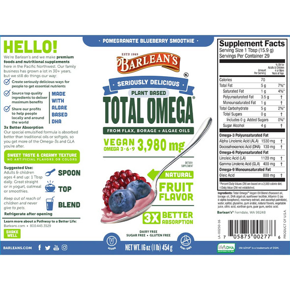 Barleans Total Omega 3 Vegan Pomegranate Blueberry Smoothie from Algal Oil Flaxseed Oil and Borage Oil  3980mg of Omega 3 6 9  Fruit Flavor Non GMO Gluten Free  16Ounce