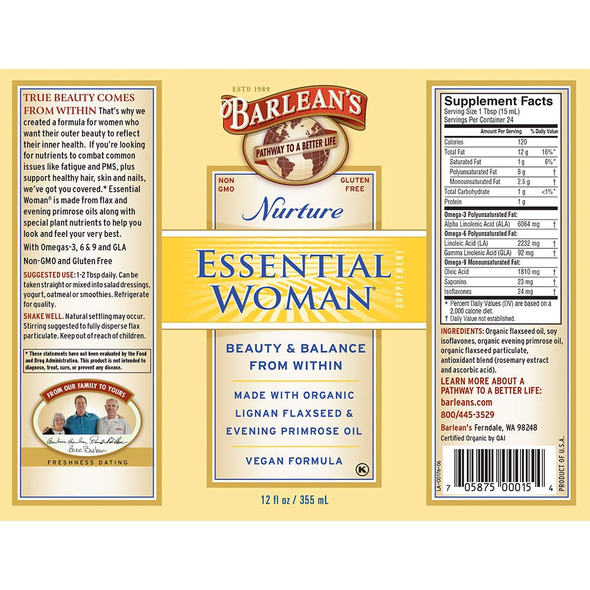 Barleans Essential Woman Oil Blend from Flaxseed Oil with Omega 3 6 9 and GLA  Vegan All Natural Flavor NonGMO Gluten Free  12Ounce