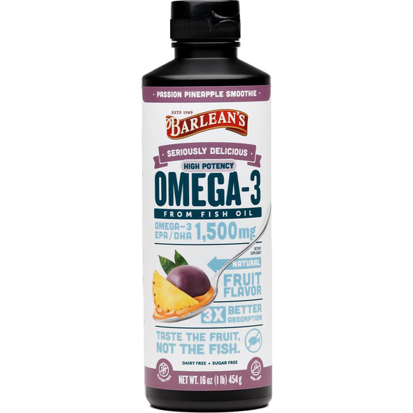 Barleans High Potency Omega 3 Passion Pineapple Smoothie from Fish Oil with 1500mg of Omega 3 EPA/DHA  All Natural Fruit Flavor Non GMO Gluten Free  16Ounce