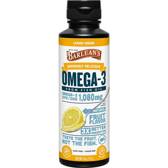 Barleans Lemon Creme Omega 3 Fish Oil Supplements  1080mg of EPA/DHA for Brain Heart Joint  Immune Health  AllNatural Fruit Flavor Non GMO Gluten Free  8Ounce