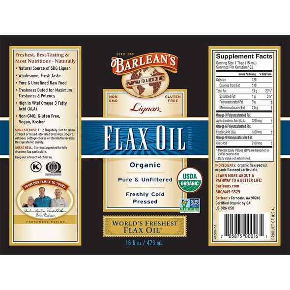 Barleans Organic Lignan Flax Oil 16 Fl Oz