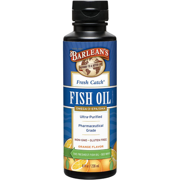 Barleans Fresh Catch Fish Oil Supplement with EPA DHA Omega 3  Orange Flavor  UltraPurified Pharmaceutical Grade NonGMO Gluten Free  8 Fl Ounce