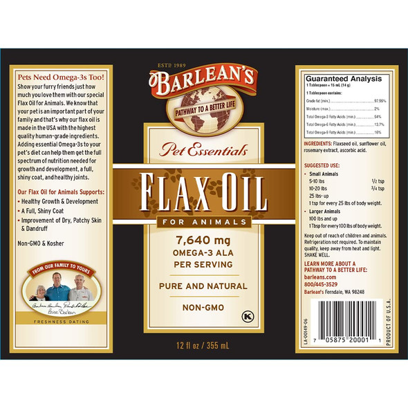 Barleans Fresh Flaxseed Oil for Animals with Rich Essential Omega3 Fatty Acids for Pet WellBeing and Health  NonGMO  12 oz