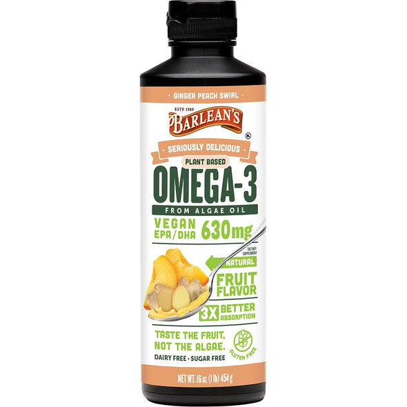 Barleans Organic Oils Seriously Delicious Ginger Peach Swirl from Algae Oil with 630 mg of Omega3 EPA/DHA  Vegan AllNatural Fruit Flavor GlutenFree  16 oz