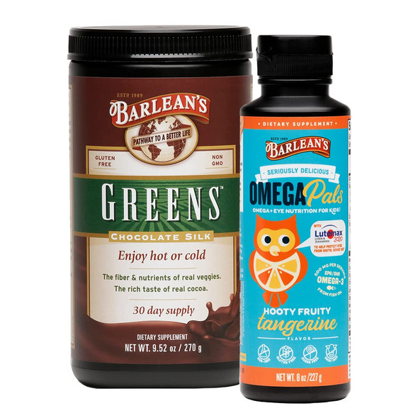 Barleans Omega Pals Hooty Fruity Tangerine Fish Oil  Chocolate Silk Greens Powder Healthy Kids Bundle