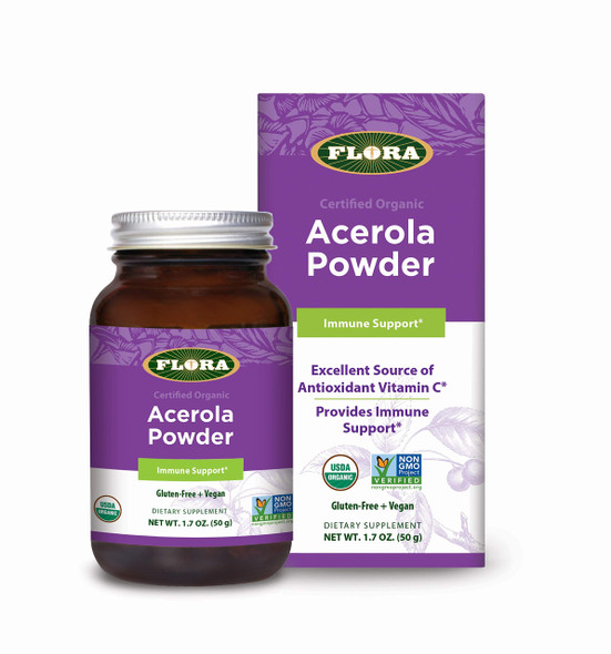 Flora  Acerola Powder Daily Immune Booster with Vitamin C Gluten Free  Vegan Vitamin C Antioxidant Powder 1.7oz. Glass Bottle