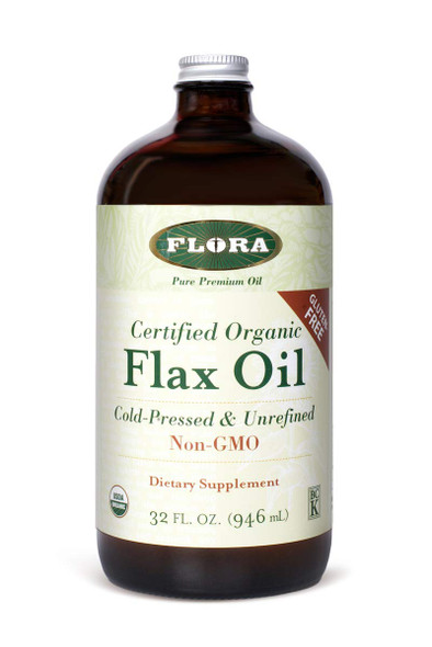 Flora  Certified Organic Flax Oil Rich in Omega3s Cold Pressed  Unrefined Immunity Skin Hair  Nail Care May Reduce Inflammation 32fl. oz. Glass Bottle