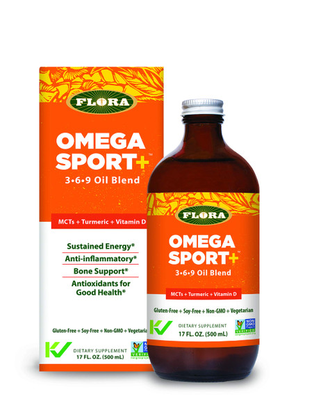 Flora  Omega Sport 369 Oil Blend MCTs Turmeric  Vitamin D Vegetarian Alternative to Fish Oil Supports Joint Health Antiinflammatory Soy Free Vegetarian Omega Oil 17fl. oz. Glass Bottle