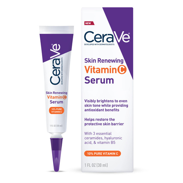 CeraVe Vitamin C Serum with Hyaluronic Acid  Skin Brightening Serum for Face with 10 Pure Vitamin C  Fragrance Free  1 Fl. Oz