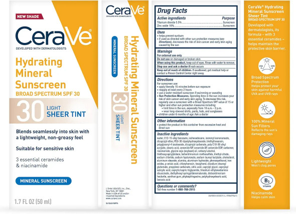 CeraVe Hydrating Mineral Sunscreen SPF 30 with Sheer Tint Tinted Mineral Sunscreen with Zinc Oxide & Titanium Dioxide Blends Seamlessly For Healthy Glow Light 1.7 Oz