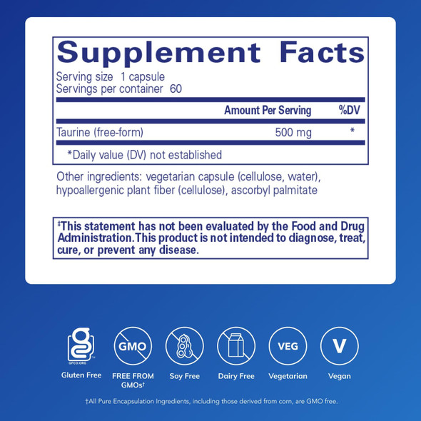 Pure Encapsulations Taurine 500 mg | Amino Acid Supplement for Liver, Eye Health, Antioxidants, Heart, Brain, and Muscles | 60 Capsules
