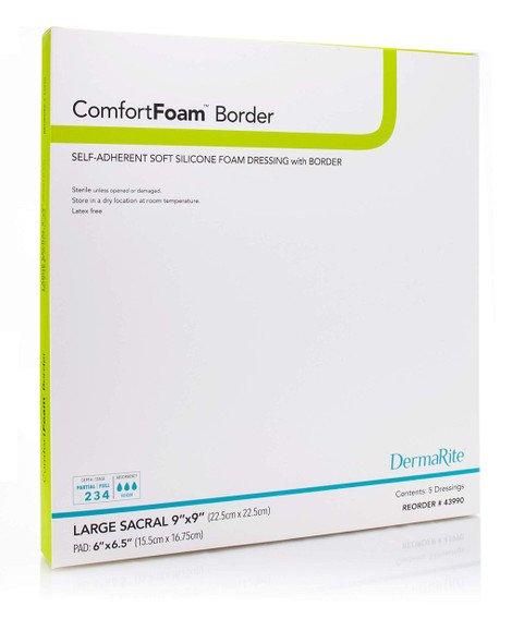 ComfortFoam Border Sacral  9x 9  Self Adherent Soft Silicone Foam Dressing  for Full and Thick Exuding Wounds Showerproof Provides Thermal Insulation