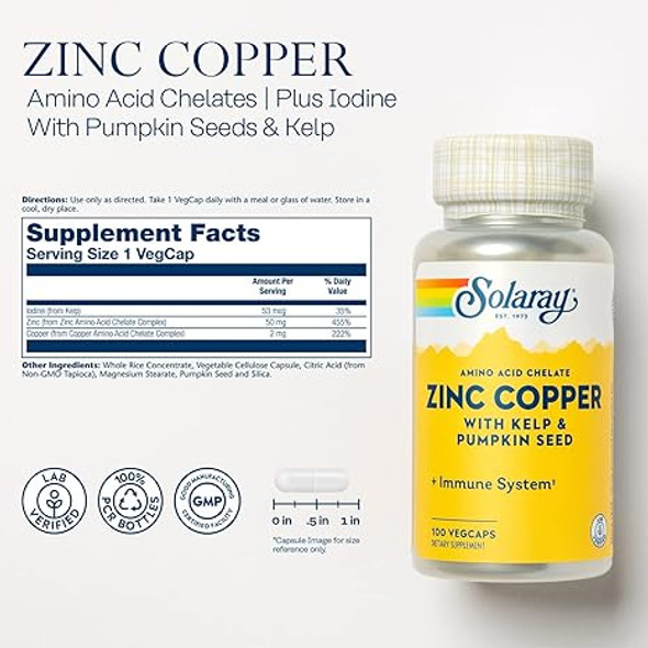 Solaray Zinc Copper Amino Acid Chelates | Healthy Cellular, Heart & Thyroid Function Support W/Pumpkin Seeds & Kelp | Non-Gmo & Vegan | 100 Vegcaps
