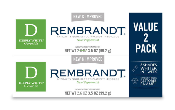Rembrandt Deeply White  Peroxide Whitening Toothpaste Peppermint Flavor 3.5Ounce Pack of 2 Packaging may Vary