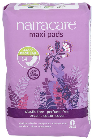 Natracare Natural Feminine Traditional Style Maxi Pads Regular Individually Wrapped Without Wings in PlantBased Bag 1 Pack 14 Pads Total