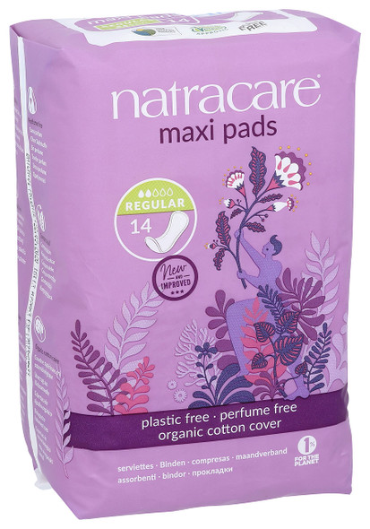 Natracare Natural Feminine Traditional Style Maxi Pads Regular Individually Wrapped Without Wings in PlantBased Bag 1 Pack 14 Pads Total