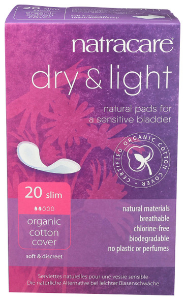 Natracare Dry  Light Slim Natural and Absorbent Pads with Organic Cotton Cover for Light Urinary Incontinence 1 Pack 20 Pads Total