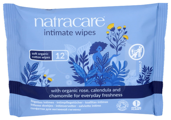 Natracare Organic Cotton Intimate Wipes Infused with Organic Essential Oils of Chamomile Calendula and French Rose 12 Wipes per Pack 1 Pack 12 Wipes Total