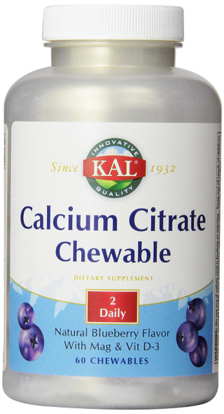 KAL Cal Citrate Plus Chewable Blueberry Tablets, 500 mg, 60 Count
