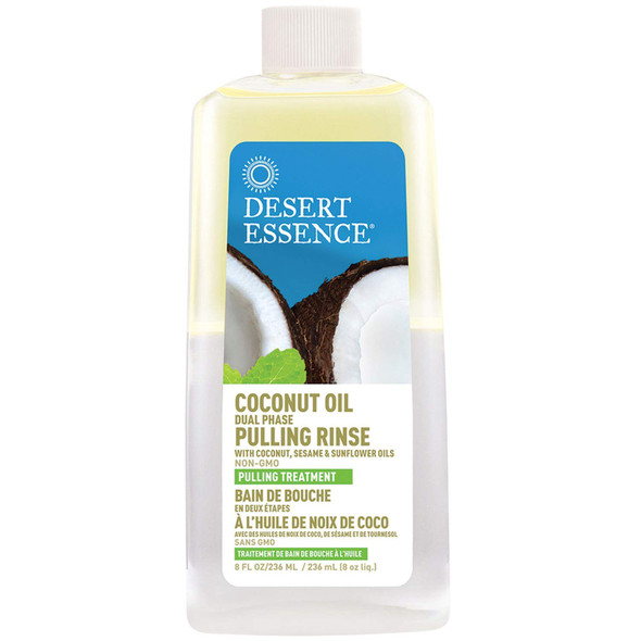 Desert Essence Coconut Oil Dual Phase Pulling Rinse  Organic Sesame  Sunflower Removes Impurities From Teeth  Gums  Refreshing Tea Tree Wintergreen  Spearmint  Vegan NonGMO SLS Free  8oz