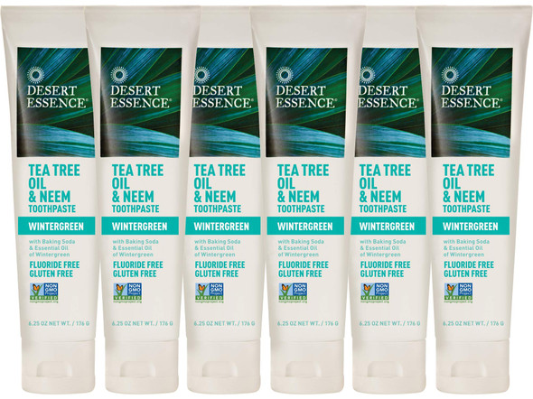 Desert Essence Tea Tree Oil  Neem Toothpaste  6.25 Oz  Pack of 6  Refreshing Rich Taste  Baking Soda  Essential Oil of Wintergreen  Antiseptic  Natural Ingredients  Fluoride  Gluten Free