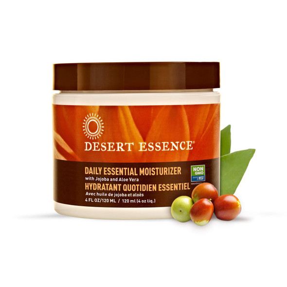 Desert Essence Daily Essential Facial Moisturizer  4 Fl Ounce  Jojoba Oil  Aloe Vera  Prevents Acne  Soft Radiant Skin  Geranium Essential Oil for Natural Fragrance  For Normal Skin