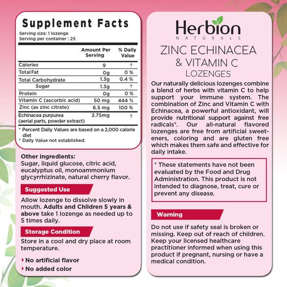 Herbion Naturals Zinc Echinacea and Vitamin C Lozenges with Natural Cherry Flavor  25 CT  Dietary Supplement  Supports Immune System  Promotes Overall Good Health for Adults and Children 5