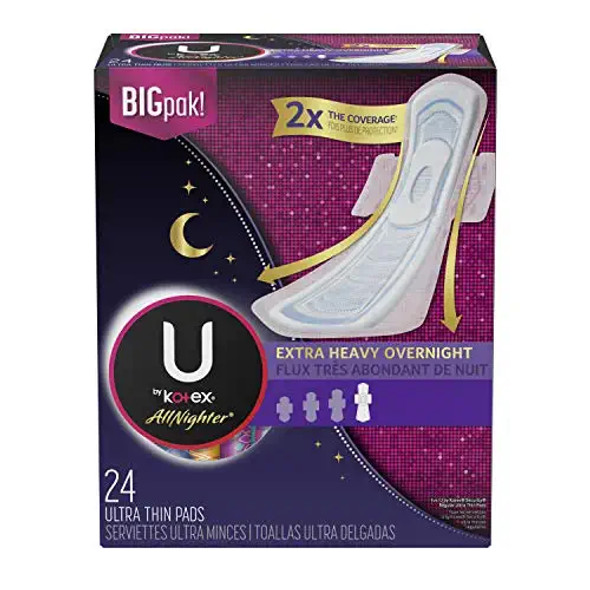 U by Kotex AllNighter Ultra Thin Overnight Feminine Pads with Wings Extra Heavy Flow Unscented 72 Count 24 x 3