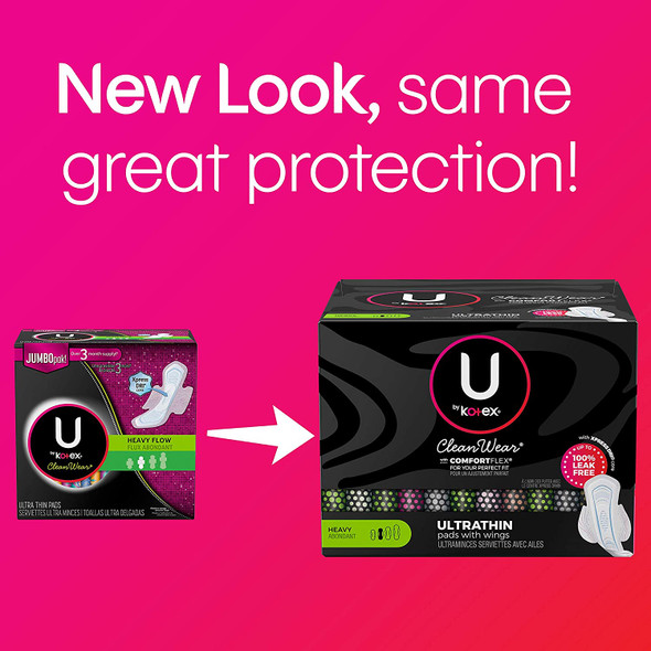 U by Kotex CleanWear Ultra Thin Feminine Pads with Wings Heavy Absorbency 120 Count 3 Packs of 40 Packaging May Vary