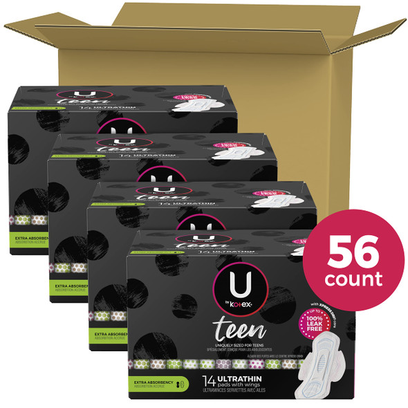 U by Kotex Teen Ultra Thin Feminine Pads with Wings Extra Absorbency Unscented 56 Count 4 Packs of 14 Packaging May Vary