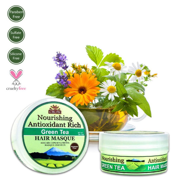 OKAY  Green Tea Nourishing Antioxidant Rich Hair Masque  For All Hair Types  Textures  Revitalize  Rejuvenate  Restore  With Tea Tree Oil  Free of Paraben Silicone Sulfate  2 oz