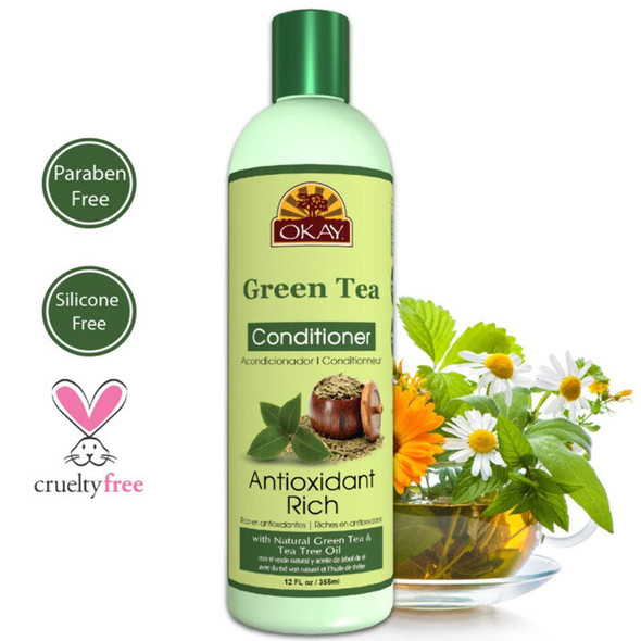 OKAY  Green Tea Nourishing Antioxidant Rich Conditioner  For All Hair Types  Textures  Revitalize  Rejuvenate  Restore  With Tea Tree Oil  Free of Paraben Silicone Sulfate  12 oz