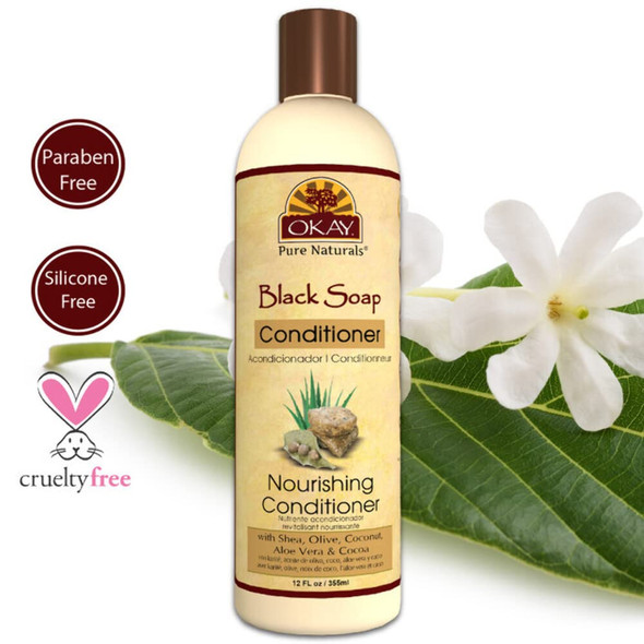 OKAY  African Black Soap Conditioner  For All Hair Types  Textures  Hydrate  Moisturize  With Shea Olive Coconut Aloe Vera and Cocoa  Free of Parabens Silicones Sulfates  12 oz