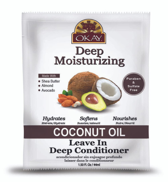 OKAY  Coconut Oil Deep Moisturizing LeaveIn Conditioner  For All Hair Types  Textures  Replenish Moisture  With Shea Butter Almond  Avocado  Free of Sulfate Silicone  Paraben  1.5 oz