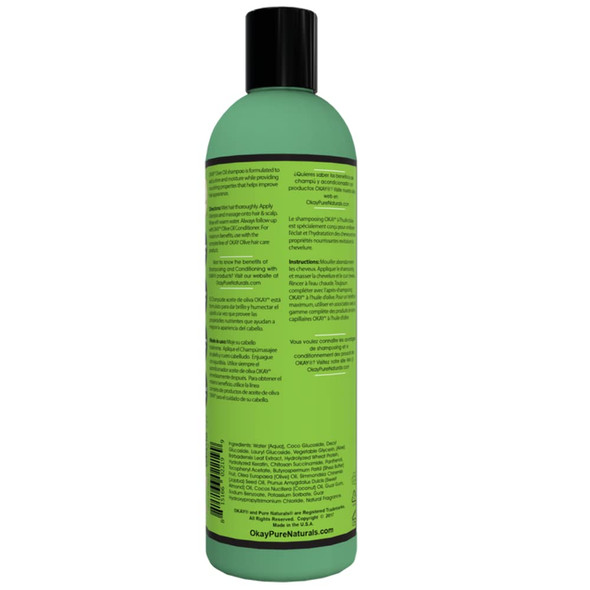 OKAY  Olive Oil Shampoo  For All Hair Types and Textures  Conditioning and Healthy Shine  Nourish Condition Hydrate  Free of Sulfate Silicone  Paraben  12 oz