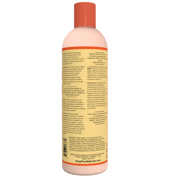OKAY  Mango AntiBreakage Shampoo  For All Hair Types  Textures  Revitalize  Repair  Restore Moisture  With Aloe Jojoba  Coconut Oil  Free of Parabens Silicones Sulfates  12 oz