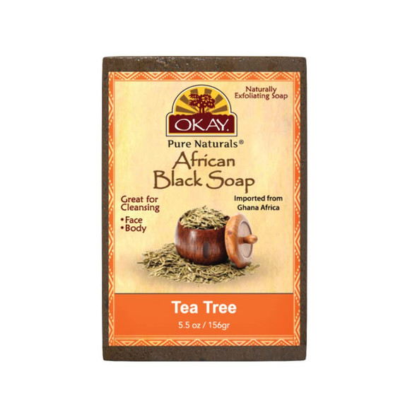 OKAY  African Black Soap Tea Tree  For All Skin Types  Cleanses and Exfoliates  Nourishes and Heals  Free of Parabens Silicones Sulfates  5.5 oz