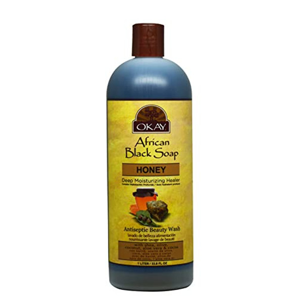 OKAY  African Black Soap Liquid with Honey  For All Skin Types  Deep Moisturizing Healer  Nourishing Beauty Wash  Free of Sulfate Silicone  Paraben  33 oz