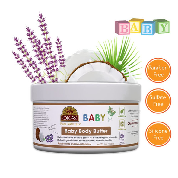 OKAY  Baby Body Butter  For All Skin Types  Gently Moisturize and Protect  Nourishing  Free of Sulfate Silicone  Paraben  7 oz