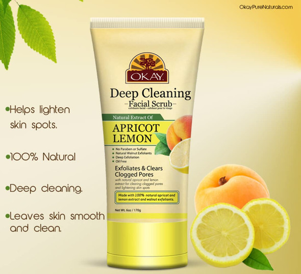 OKAY  Apricot  Lemon Facial Scrub  Deep Exfoliation  Leaves Skin Refreshed  With Natural Extract  Free of Alcohol Sulfate Paraben  6 oz