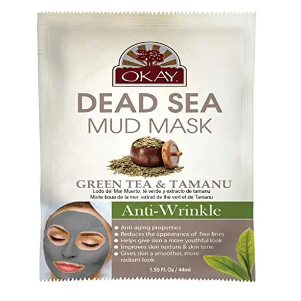 OKAY  Dead Sea Mud Mask  Green Tea  Tamanu  For All Skin Types  AntiWrinkle  Nourish  Replenish  1.5 oz