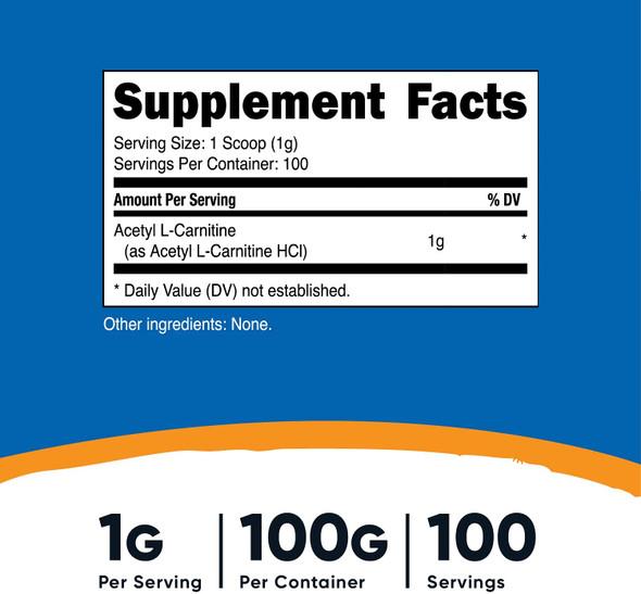 Nutricost Acetyl L-Carnitine (ALCAR) 100 GMS - 1000mg Per Serving - High Quality Acetyl L-Carnitine Powder