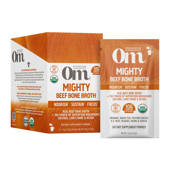Om Mushroom Superfood Mighty Beef Bone Broth 10 Single Serving Sachets