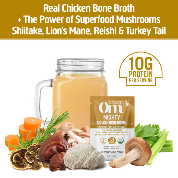 Om Mushroom Superfood Mighty Chicken Bone Broth 10 Single Serving Sachets