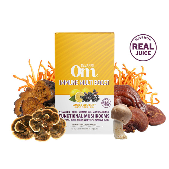 Om Mushroom Superfood Immune Multi Boost Supplement with Vitamin C 10 Single Serving Sachets / Lemon & Elderberry