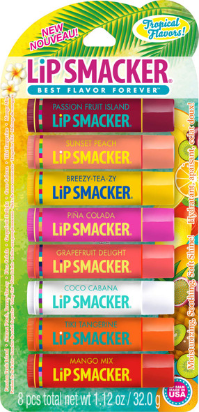 Lip Smacker Flavored Lip Balm Tropic Fever Pack of 8 Passion Fruit Peach BreezeyTeazey Pina Colada Grapefruit Coca Cabana Tangerine Mango Clear