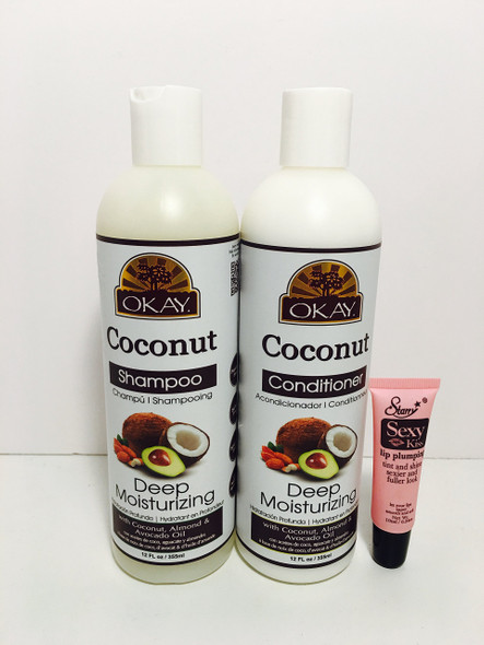 Okay Coconut Oil Deep Moisturizing Shampoo  Conditioner 12 oz.Free Starry Sexy Lip Plumping Gloss 10ml