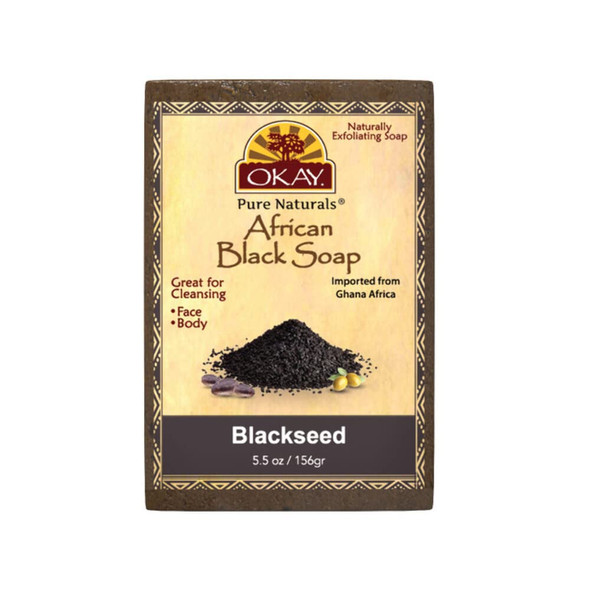 Okay  African Black Soap with Blackseed  For All Skin Types  Cleanses and Exfoliates  Nourishes and Heals  Free of Sulfate Silicone  Paraben  5.5 oz